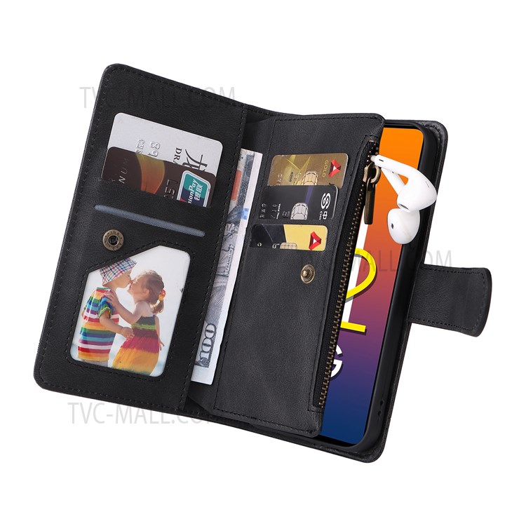 Imprinting Stripes Stand Leather Case Zipper Pocket Card Slots Phone Cover with Strap for Samsung Galaxy M52 5G - Black-7