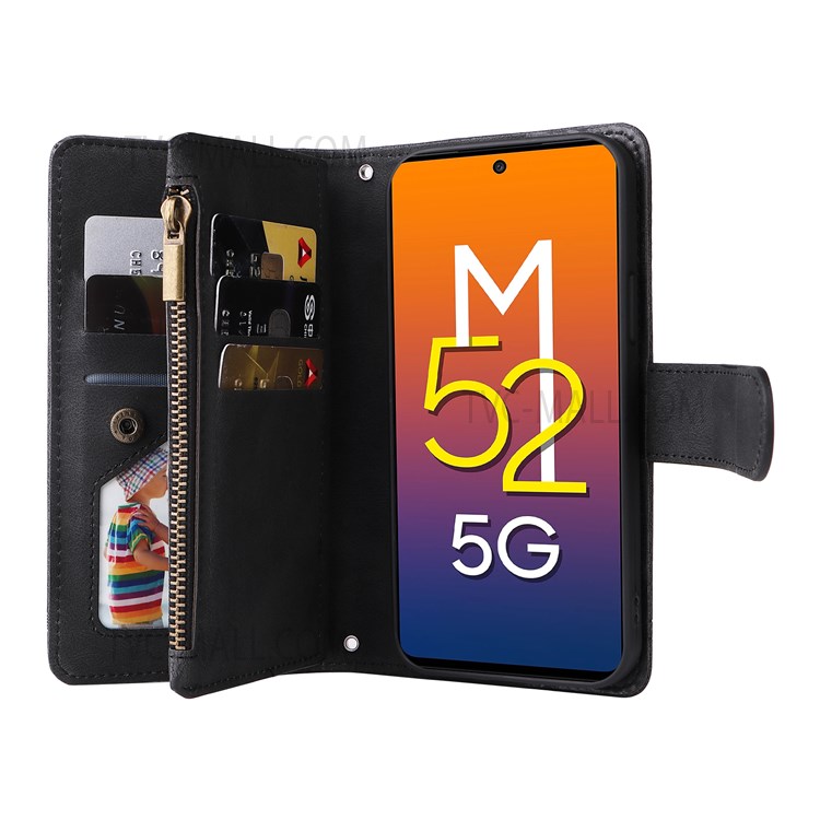 Imprinting Stripes Stand Leather Case Zipper Pocket Card Slots Phone Cover with Strap for Samsung Galaxy M52 5G - Black-8