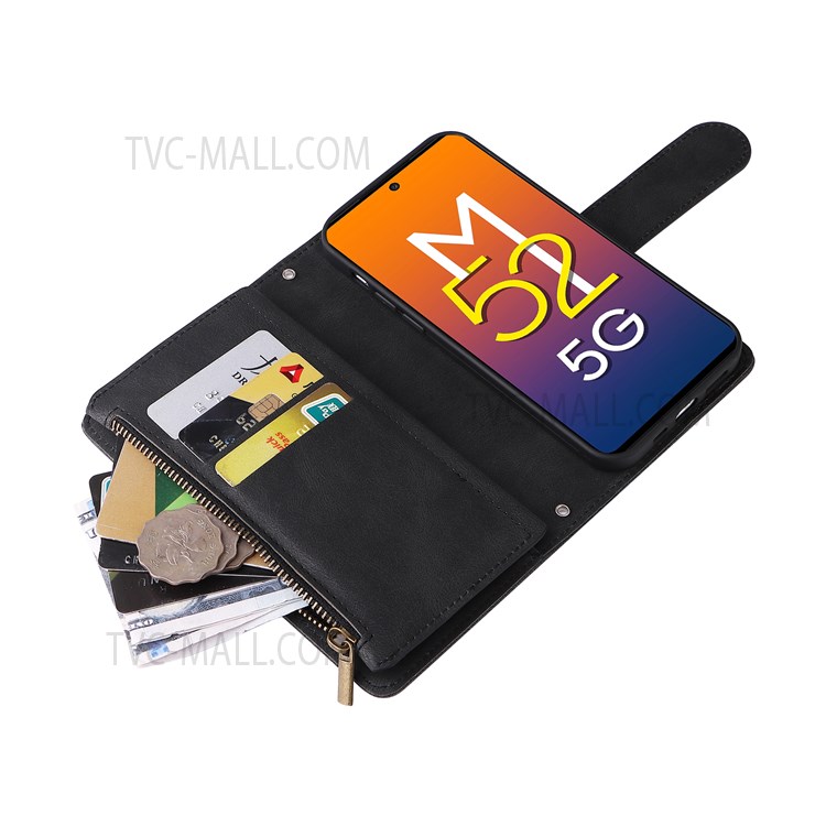 Imprinting Stripes Stand Leather Case Zipper Pocket Card Slots Phone Cover with Strap for Samsung Galaxy M52 5G - Black-9