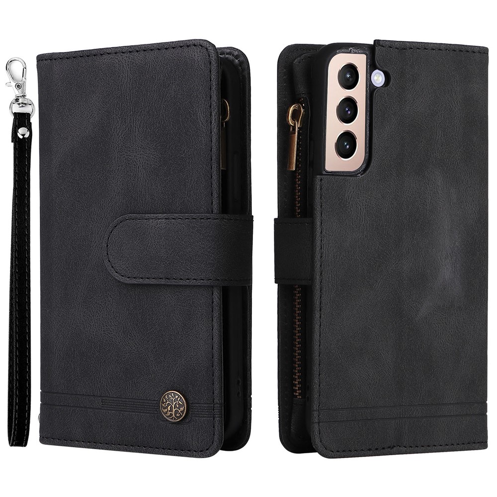Stripes Imprinted Skin-touch Wallet Stand Leather Cover Card Slots Phone Case with Zipper Pocket for Samsung Galaxy S22 5G - Black-1