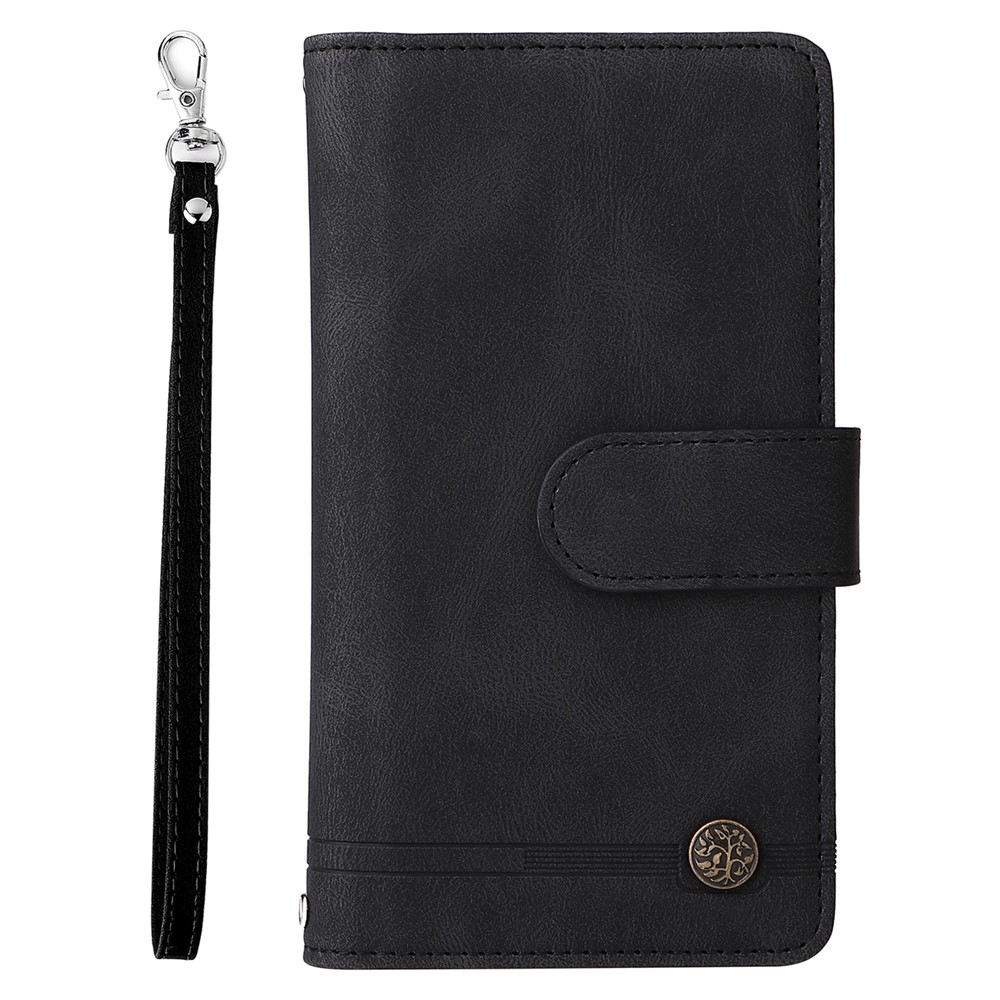 Stripes Imprinted Skin-touch Wallet Stand Leather Cover Card Slots Phone Case with Zipper Pocket for Samsung Galaxy S22 5G - Black-2
