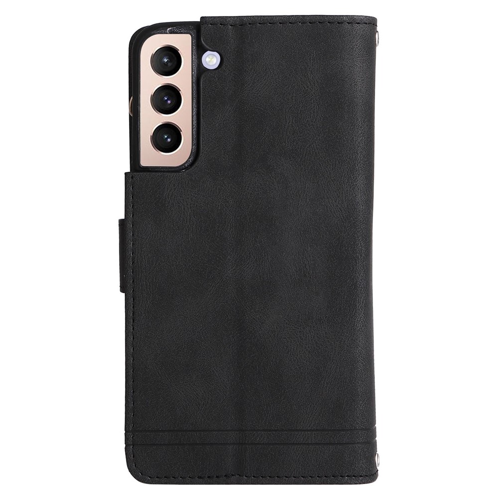 Stripes Imprinted Skin-touch Wallet Stand Leather Cover Card Slots Phone Case with Zipper Pocket for Samsung Galaxy S22 5G - Black-3