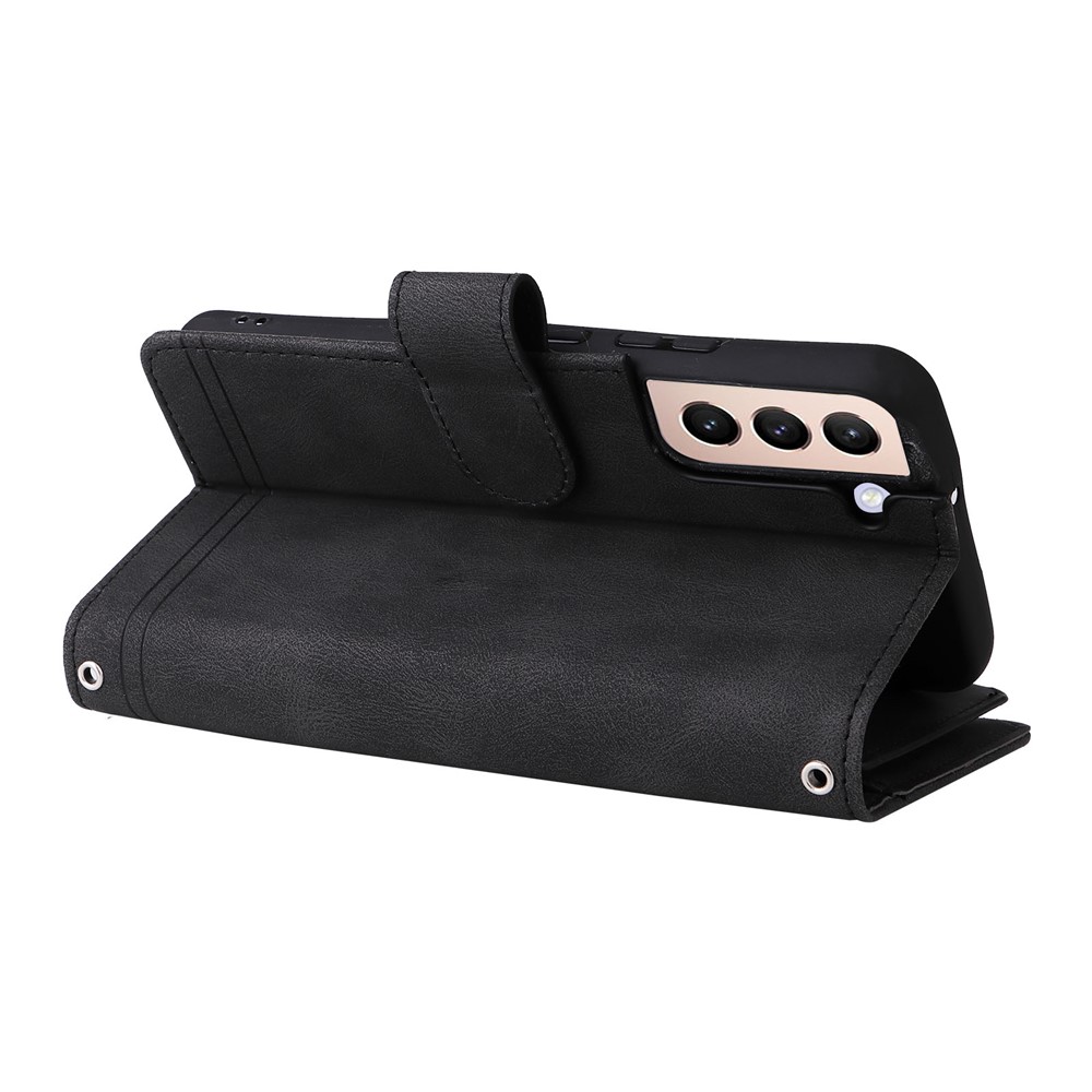 Stripes Imprinted Skin-touch Wallet Stand Leather Cover Card Slots Phone Case with Zipper Pocket for Samsung Galaxy S22 5G - Black-5