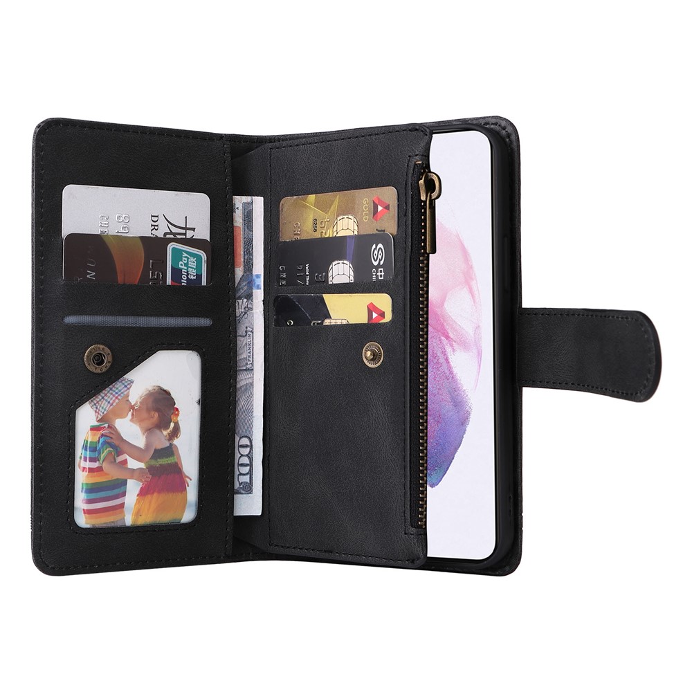 Stripes Imprinted Skin-touch Wallet Stand Leather Cover Card Slots Phone Case with Zipper Pocket for Samsung Galaxy S22 5G - Black-6