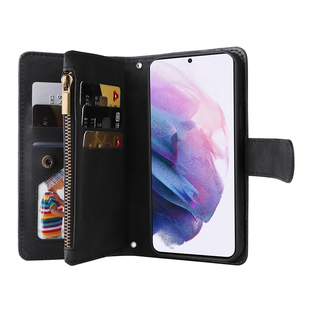 Stripes Imprinted Skin-touch Wallet Stand Leather Cover Card Slots Phone Case with Zipper Pocket for Samsung Galaxy S22 5G - Black-8