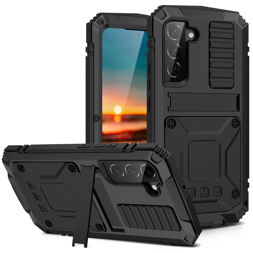 R-JUST Anti-fall Water-drops Resistant Kickstand Design Metal+Silicone+PC+Tempered Glass Case for Samsung Galaxy S22+ 5G - Black-1