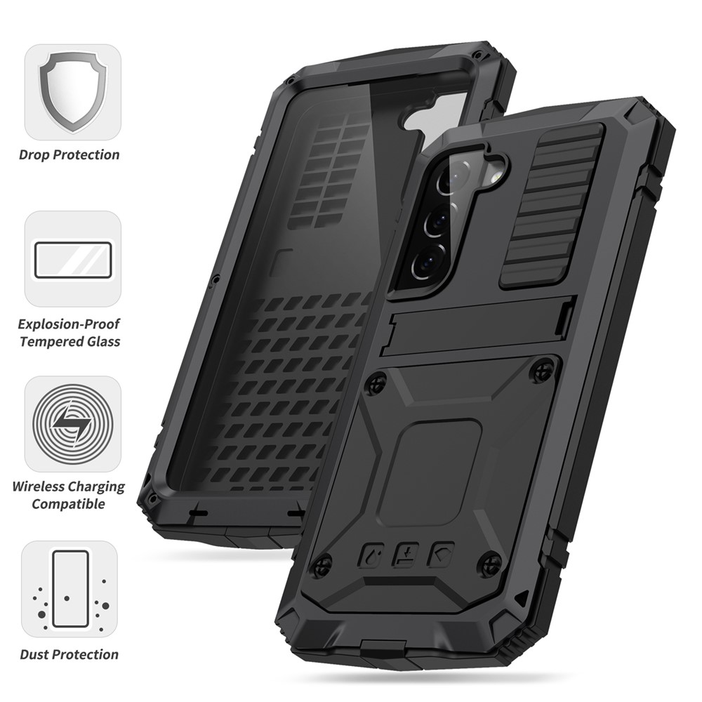 R-JUST Anti-fall Water-drops Resistant Kickstand Design Metal+Silicone+PC+Tempered Glass Case for Samsung Galaxy S22+ 5G - Black-2