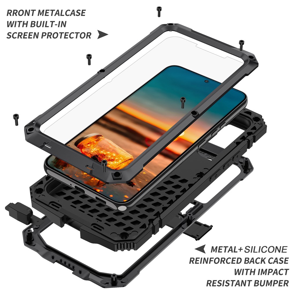 R-JUST Anti-fall Water-drops Resistant Kickstand Design Metal+Silicone+PC+Tempered Glass Case for Samsung Galaxy S22+ 5G - Black-3