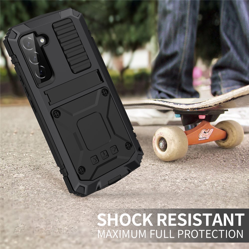 R-JUST Anti-fall Water-drops Resistant Kickstand Design Metal+Silicone+PC+Tempered Glass Case for Samsung Galaxy S22+ 5G - Black-4