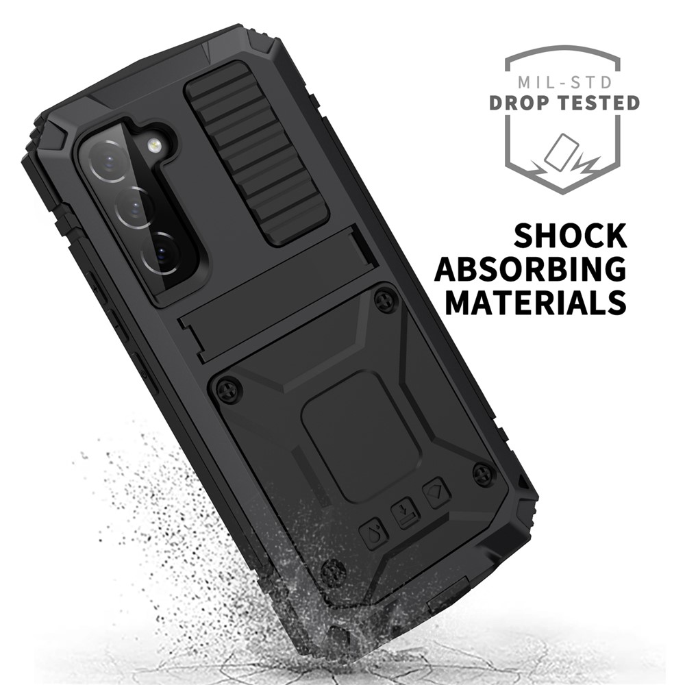 R-JUST Anti-fall Water-drops Resistant Kickstand Design Metal+Silicone+PC+Tempered Glass Case for Samsung Galaxy S22+ 5G - Black-5