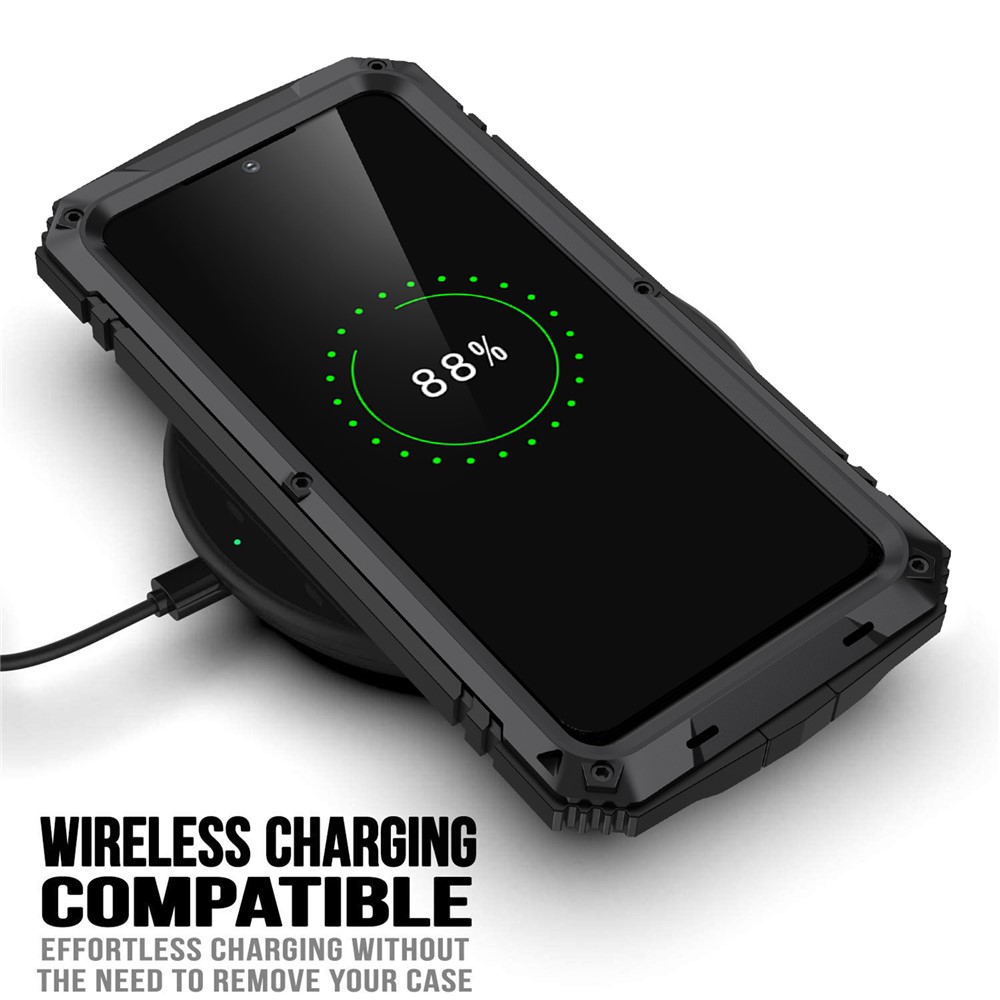 R-JUST Anti-fall Water-drops Resistant Kickstand Design Metal+Silicone+PC+Tempered Glass Case for Samsung Galaxy S22+ 5G - Black-6