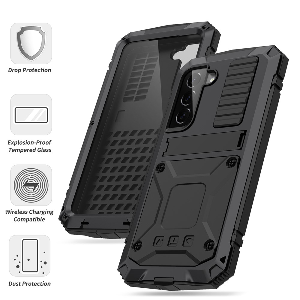 R-JUST Metal+Silicone+PC Anti-fall Dust-proof Kickstand Case with Built-in Tempered Glass Lens Protector and Screen Protector for Samsung Galaxy S22 5G - Black-2