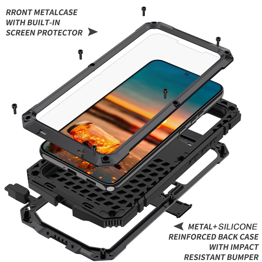 R-JUST Metal+Silicone+PC Anti-fall Dust-proof Kickstand Case with Built-in Tempered Glass Lens Protector and Screen Protector for Samsung Galaxy S22 5G - Black-3