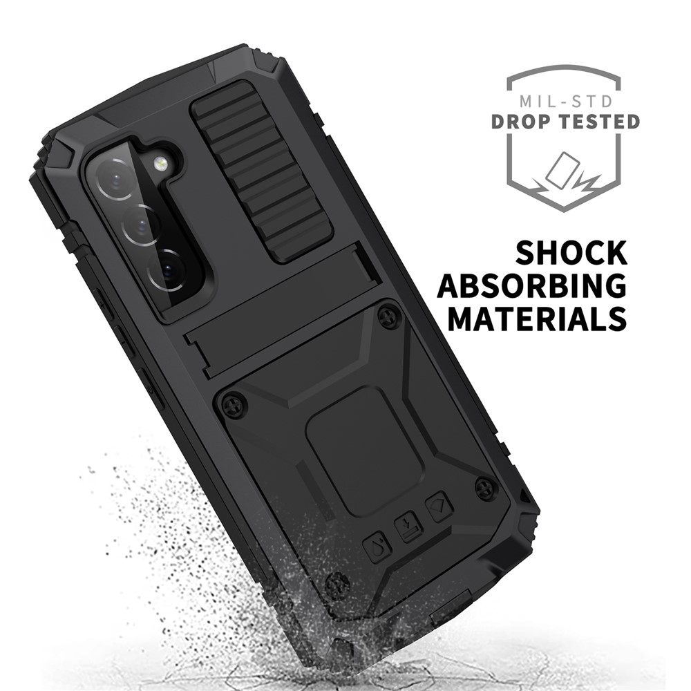 R-JUST Metal+Silicone+PC Anti-fall Dust-proof Kickstand Case with Built-in Tempered Glass Lens Protector and Screen Protector for Samsung Galaxy S22 5G - Black-5