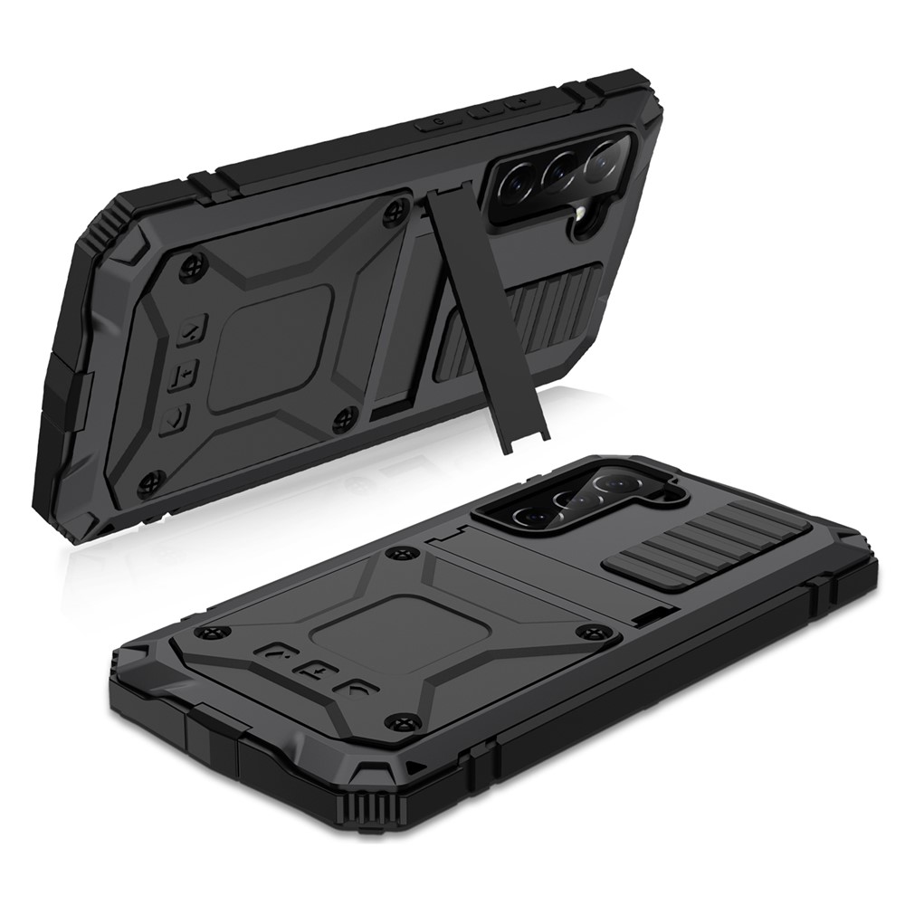 R-JUST Metal+Silicone+PC Anti-fall Dust-proof Kickstand Case with Built-in Tempered Glass Lens Protector and Screen Protector for Samsung Galaxy S22 5G - Black-8