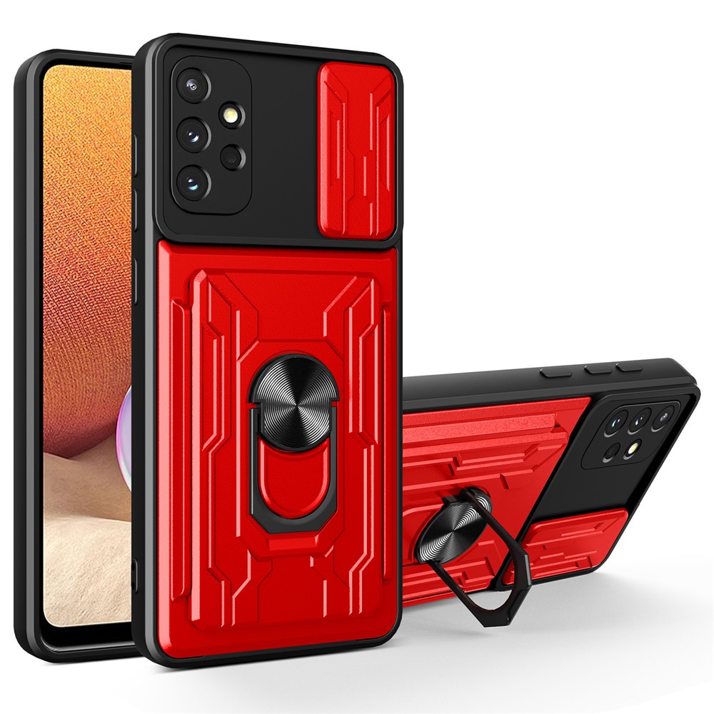 For Samsung Galaxy A32 4G (EU Version) Slide Camera Cover PC + TPU Anti-scratch Card Holder Slot Ring Kickstand Design Hybrid Case - Red-1