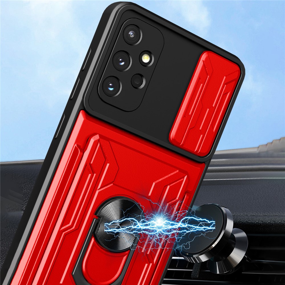 For Samsung Galaxy A32 4G (EU Version) Slide Camera Cover PC + TPU Anti-scratch Card Holder Slot Ring Kickstand Design Hybrid Case - Red-4