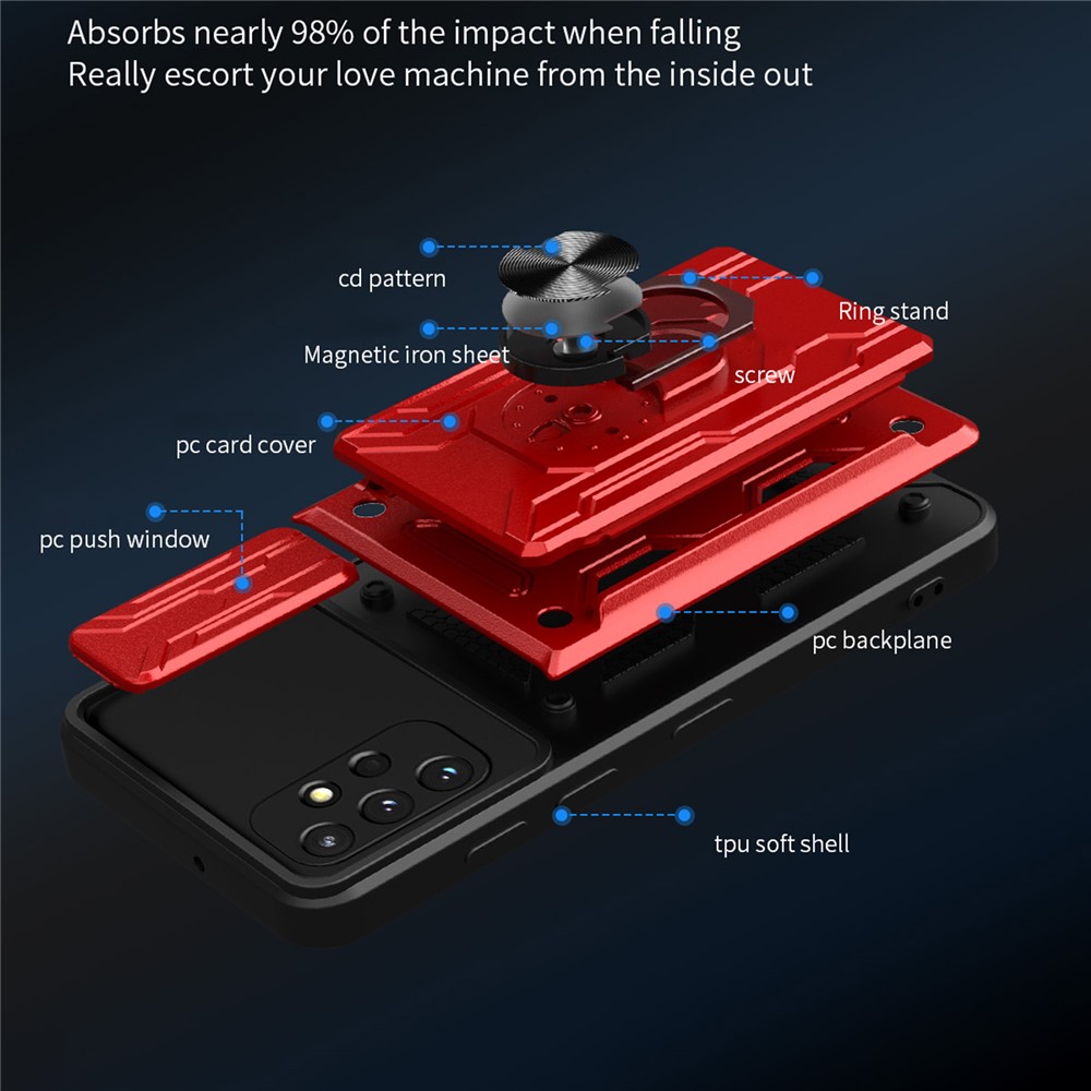 For Samsung Galaxy A32 4G (EU Version) Slide Camera Cover PC + TPU Anti-scratch Card Holder Slot Ring Kickstand Design Hybrid Case - Red-5