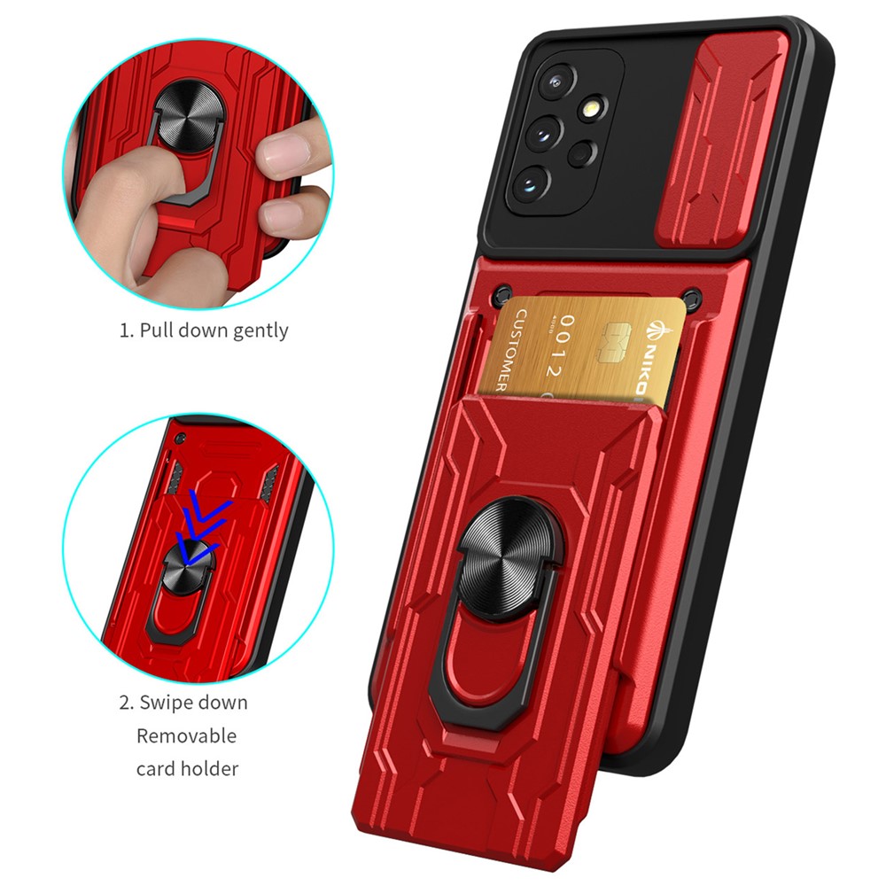 For Samsung Galaxy A32 4G (EU Version) Slide Camera Cover PC + TPU Anti-scratch Card Holder Slot Ring Kickstand Design Hybrid Case - Red-6