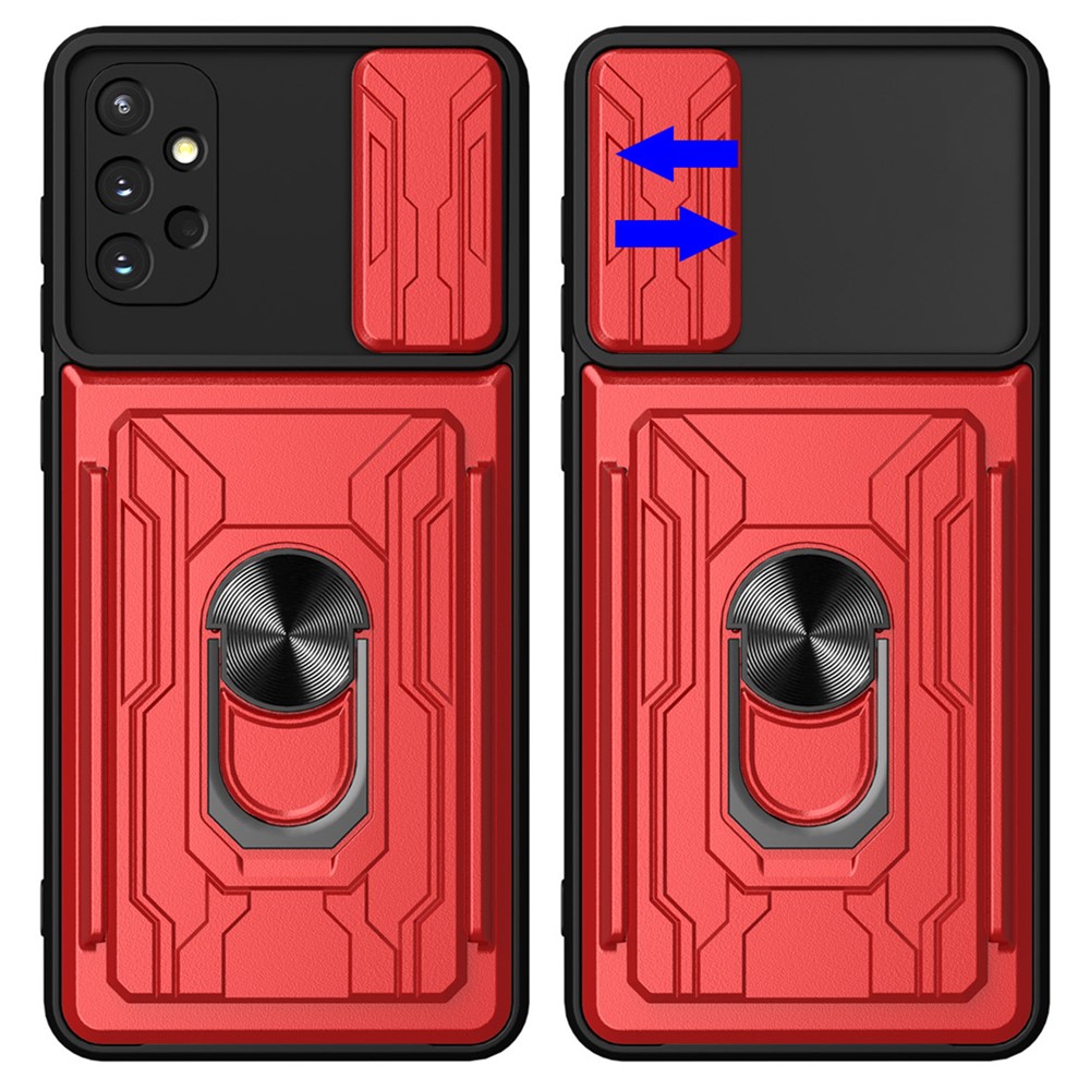 For Samsung Galaxy A32 4G (EU Version) Slide Camera Cover PC + TPU Anti-scratch Card Holder Slot Ring Kickstand Design Hybrid Case - Red-7