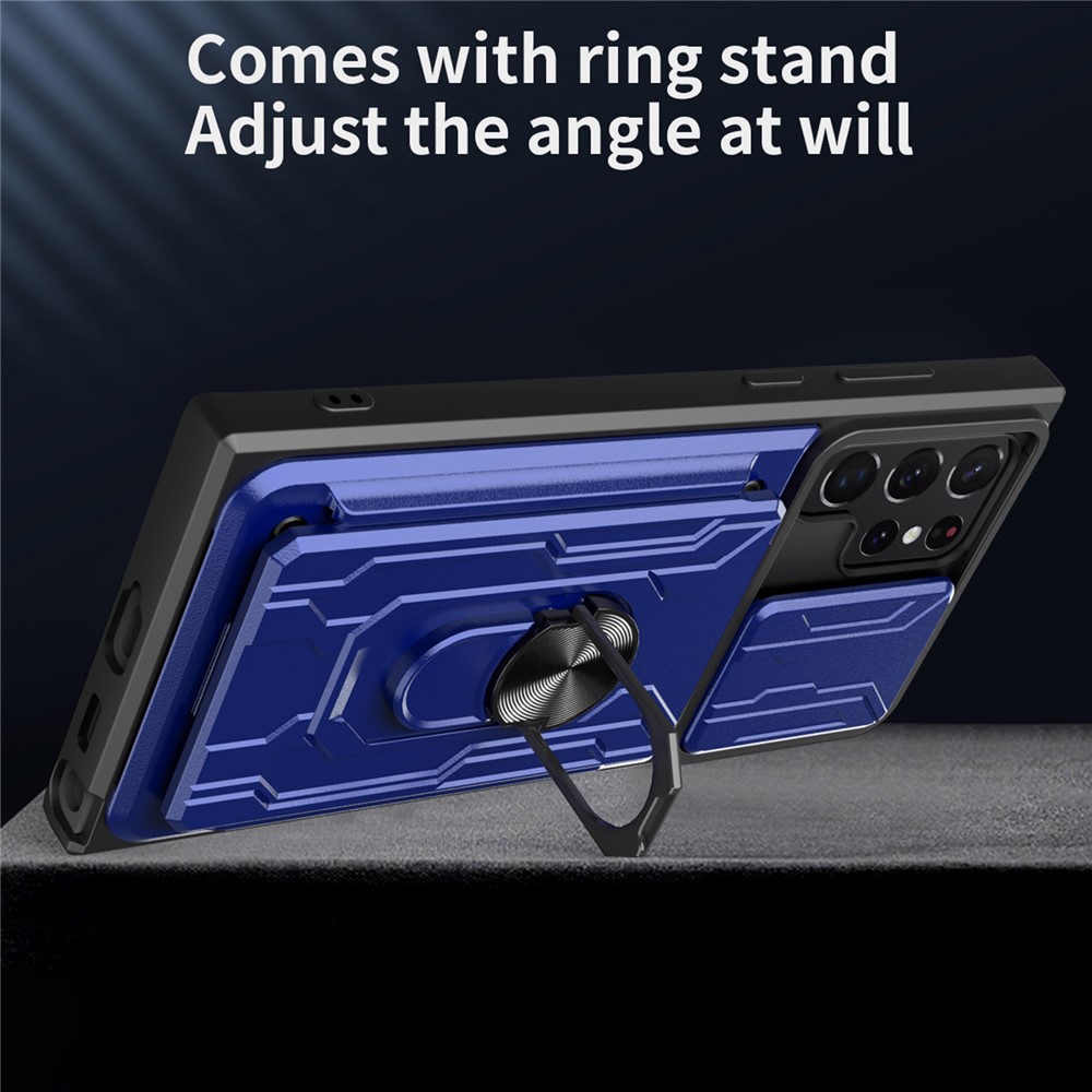 For Samsung Galaxy S22 Ultra 5G Card Holder Slot Ring Kickstand Design Slide Camera Cover PC + TPU Hybrid Case - Sapphire-2