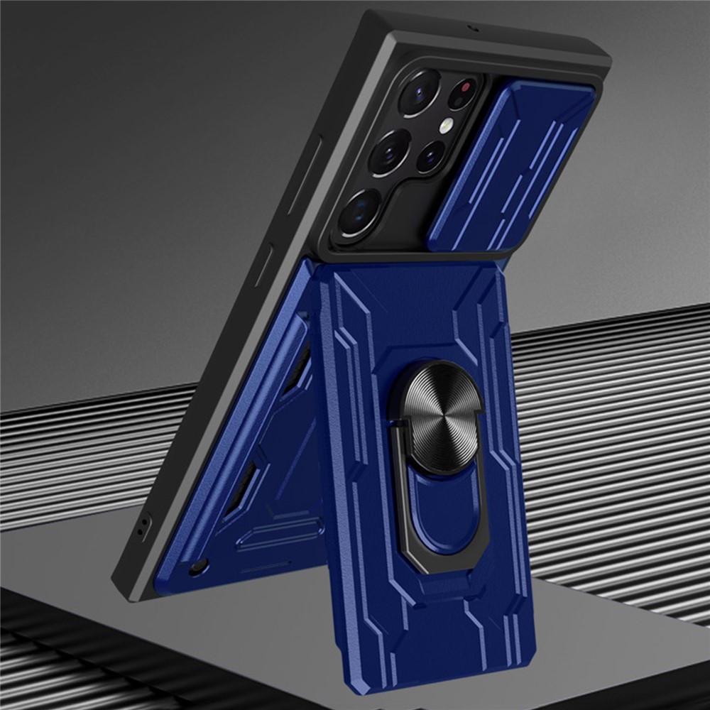 For Samsung Galaxy S22 Ultra 5G Card Holder Slot Ring Kickstand Design Slide Camera Cover PC + TPU Hybrid Case - Sapphire-3
