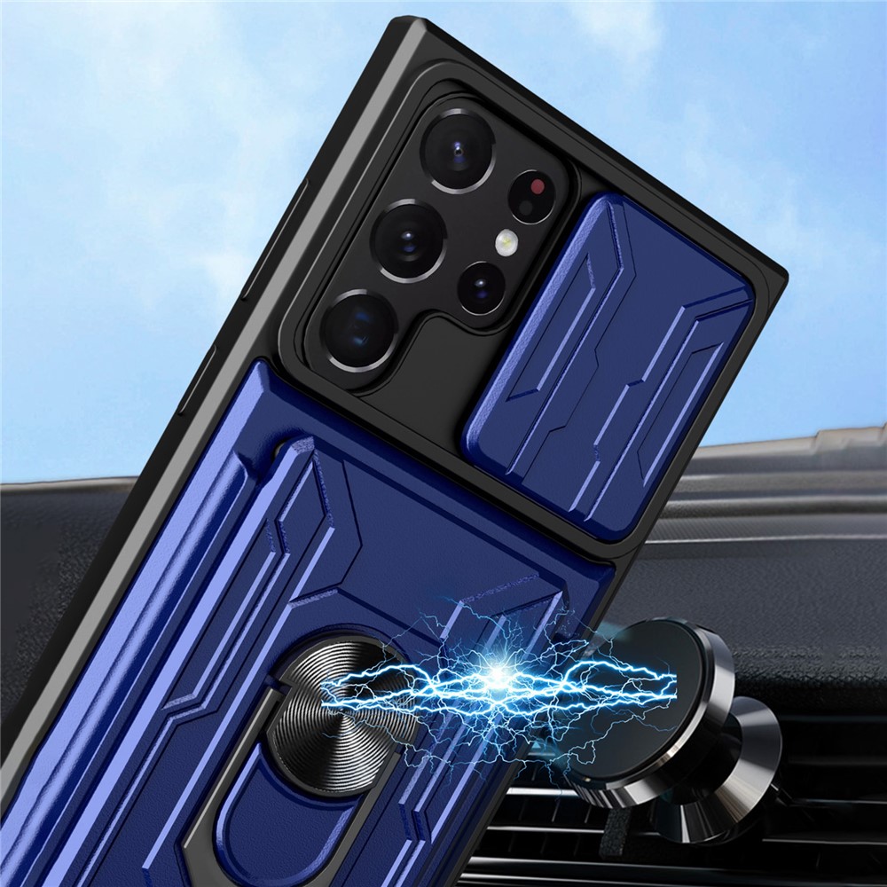 For Samsung Galaxy S22 Ultra 5G Card Holder Slot Ring Kickstand Design Slide Camera Cover PC + TPU Hybrid Case - Sapphire-4