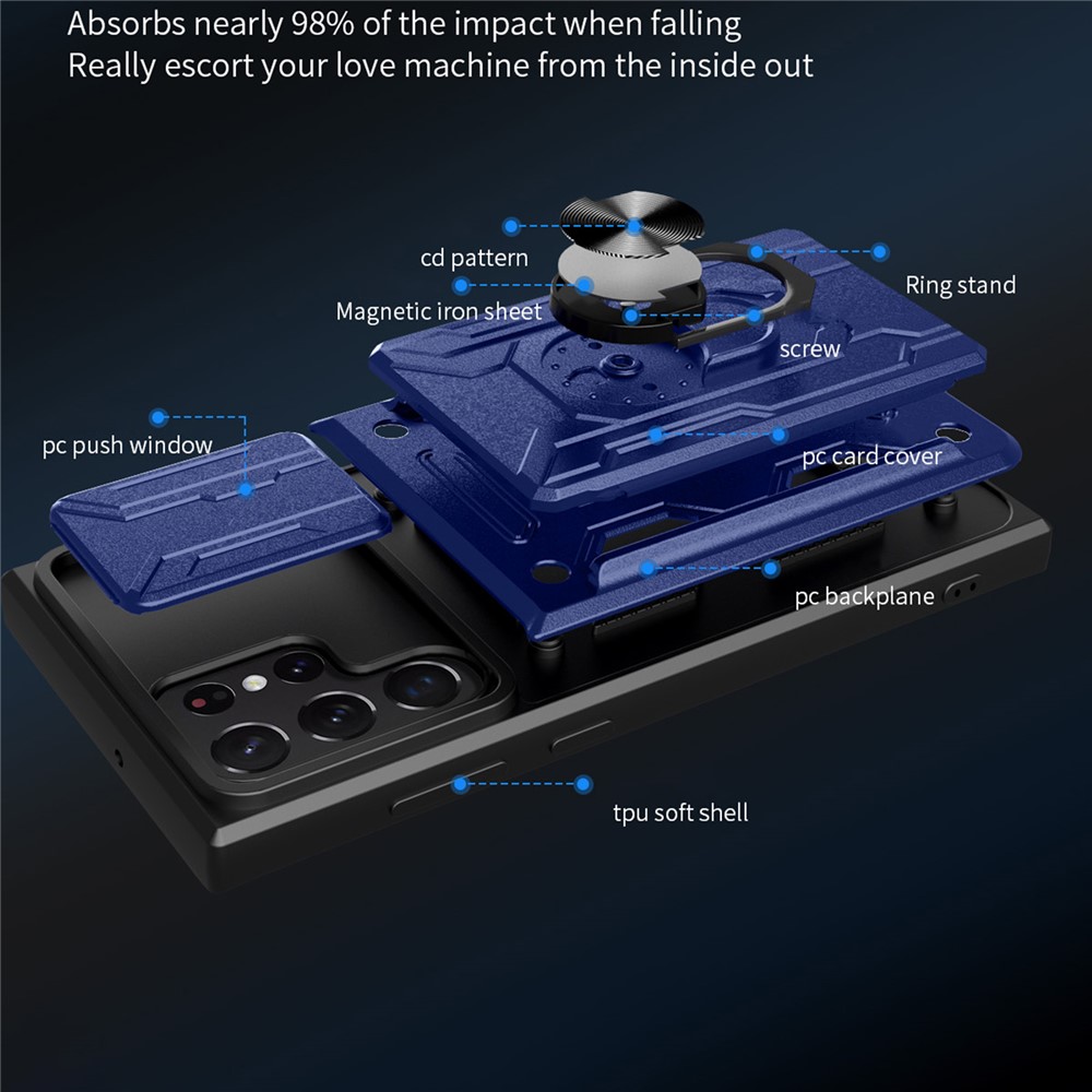 For Samsung Galaxy S22 Ultra 5G Card Holder Slot Ring Kickstand Design Slide Camera Cover PC + TPU Hybrid Case - Sapphire-5