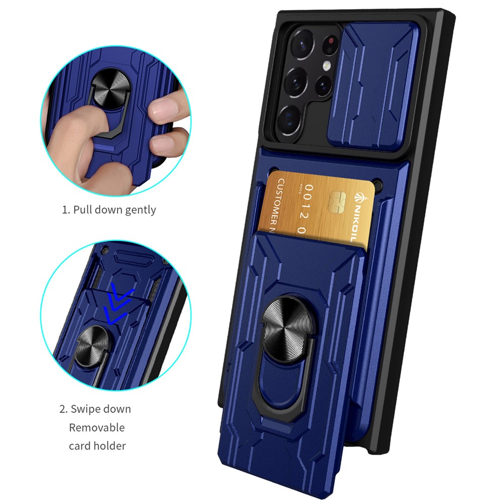 For Samsung Galaxy S22 Ultra 5G Card Holder Slot Ring Kickstand Design Slide Camera Cover PC + TPU Hybrid Case - Sapphire-6