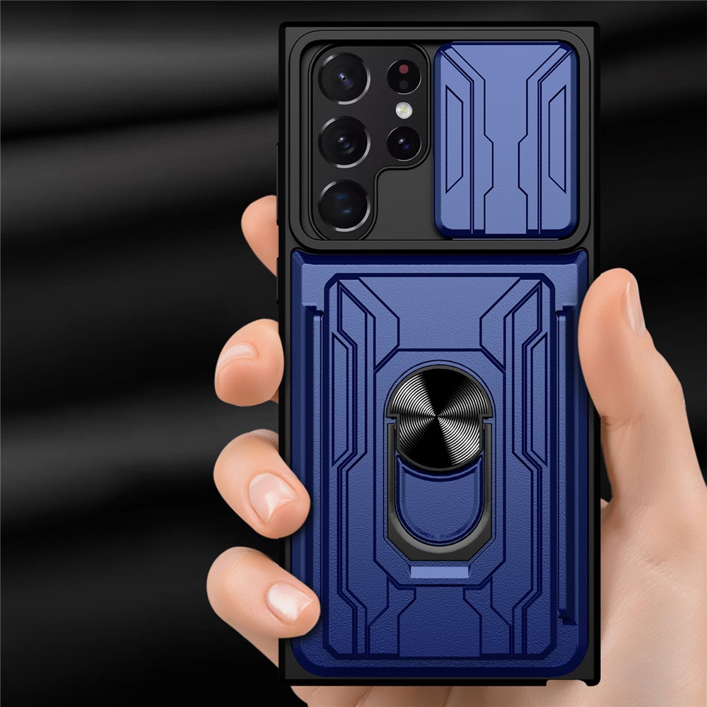 For Samsung Galaxy S22 Ultra 5G Card Holder Slot Ring Kickstand Design Slide Camera Cover PC + TPU Hybrid Case - Sapphire-8