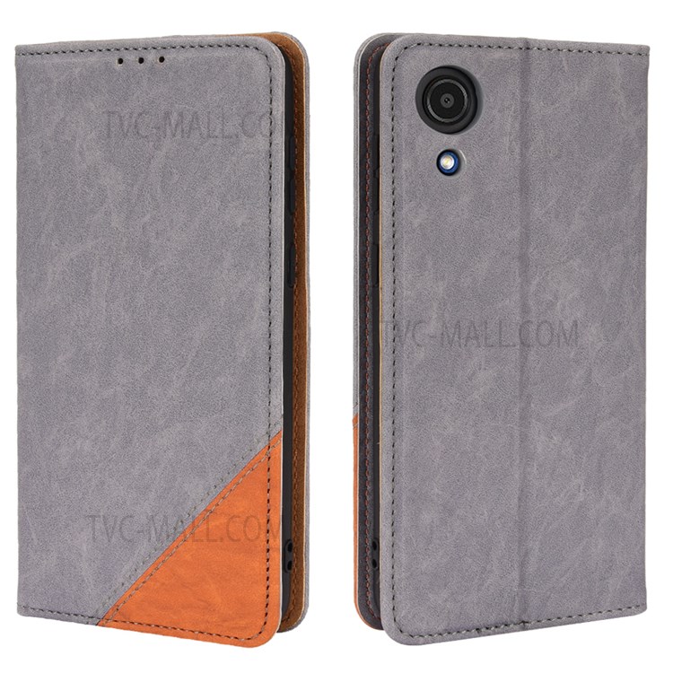 Color Splicing PU Leather + TPU Stand Wallet Magnetic Auto Closing Phone Case Shell for Samsung Galaxy A03 Core - Grey-1