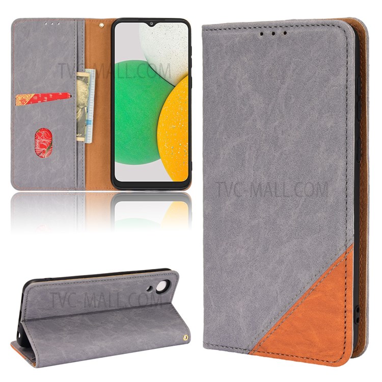 Color Splicing PU Leather + TPU Stand Wallet Magnetic Auto Closing Phone Case Shell for Samsung Galaxy A03 Core - Grey-7
