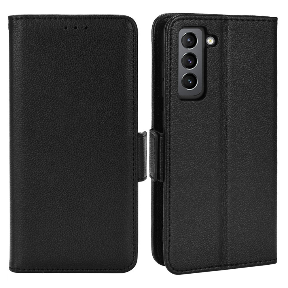 Litchi Texture Folio Flip Wallet Case Shockproof PU Leather Protective Cover Shell with Stand for Samsung Galaxy S21 FE 5G - Black-1