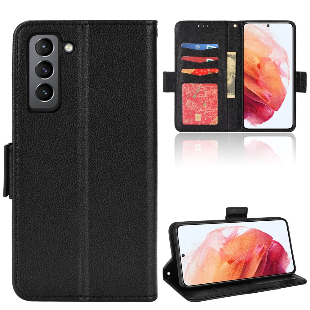 Litchi Texture Folio Flip Wallet Case Shockproof PU Leather Protective Cover Shell with Stand for Samsung Galaxy S21 FE 5G - Black-7