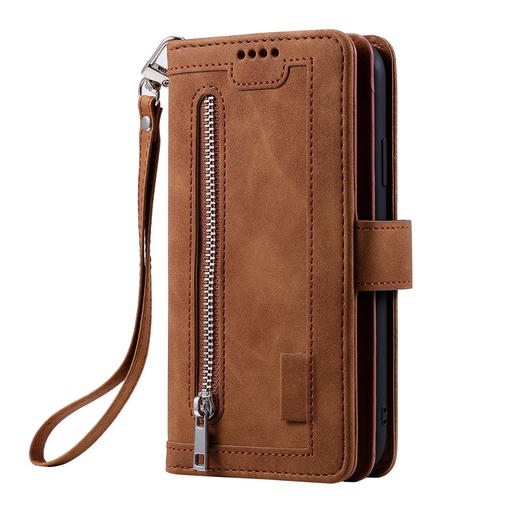 9 Card Slots Zipper Pocket PU Leather Stand Wallet Phone Case Cover with Wrist Strap for Samsung Galaxy S22 Ultra 5G - Brown-2