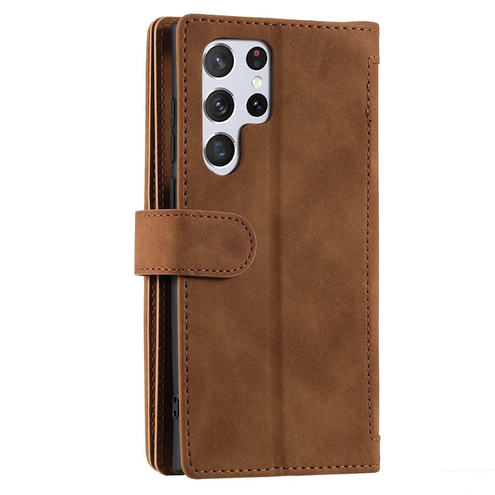 9 Card Slots Zipper Pocket PU Leather Stand Wallet Phone Case Cover with Wrist Strap for Samsung Galaxy S22 Ultra 5G - Brown-3