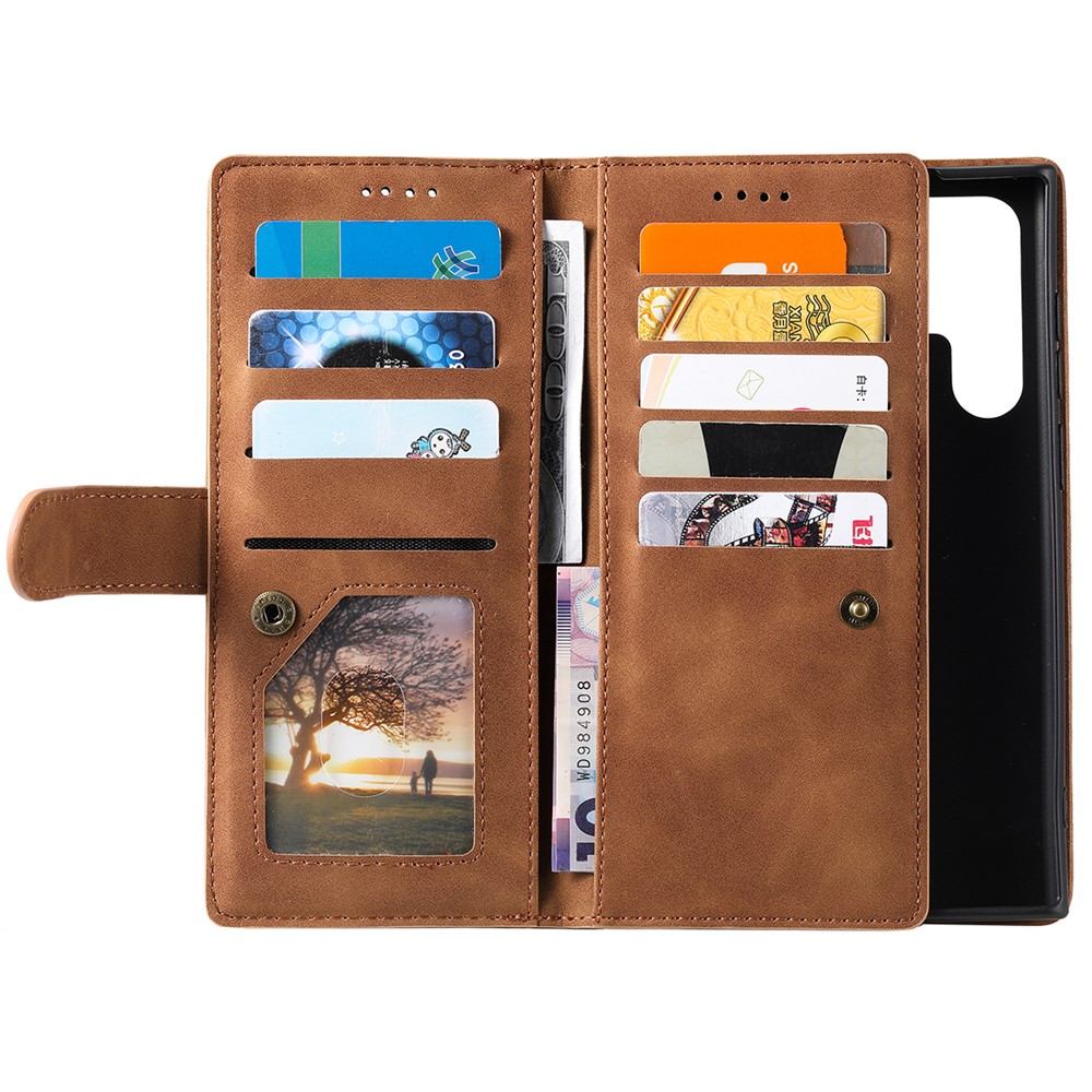 9 Card Slots Zipper Pocket PU Leather Stand Wallet Phone Case Cover with Wrist Strap for Samsung Galaxy S22 Ultra 5G - Brown-4