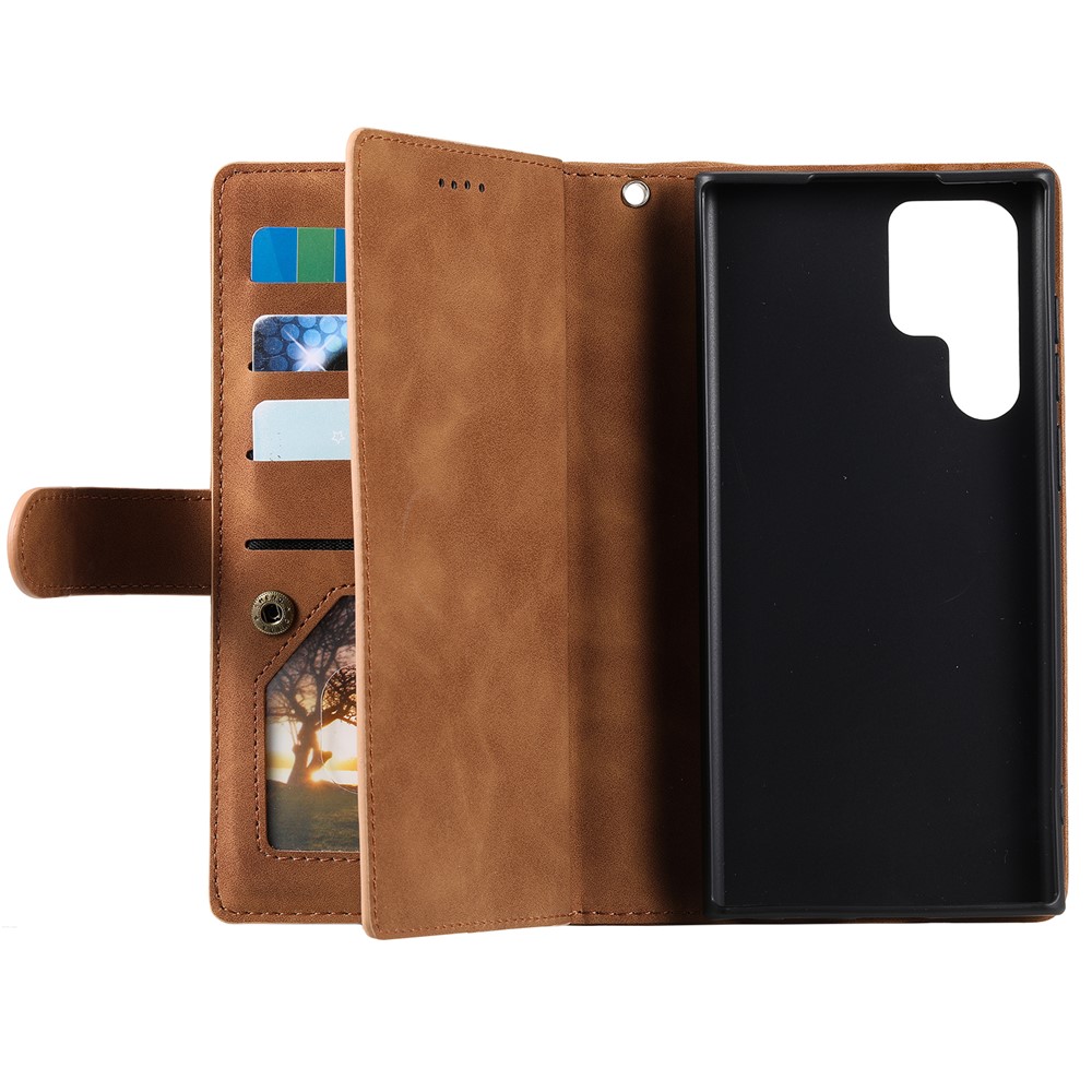 9 Card Slots Zipper Pocket PU Leather Stand Wallet Phone Case Cover with Wrist Strap for Samsung Galaxy S22 Ultra 5G - Brown-5
