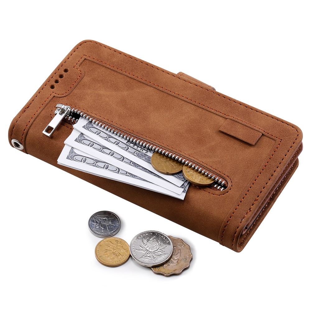 9 Card Slots Zipper Pocket PU Leather Stand Wallet Phone Case Cover with Wrist Strap for Samsung Galaxy S22 Ultra 5G - Brown-6