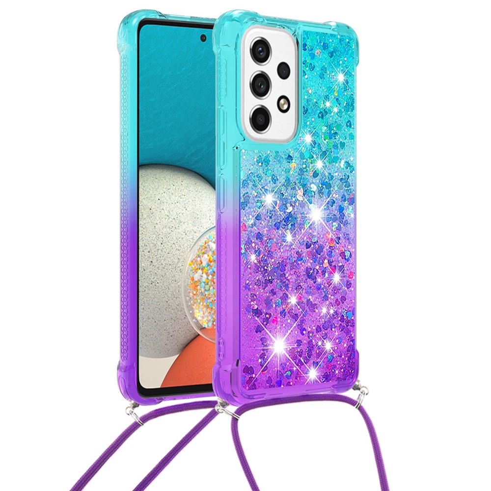 LE3-1 Series Gradient Glittering Sequins Quicksand Non-Yellowing Edging TPU Cover Shell with Adjustable Long Lanyard for Samsung Galaxy A53 5G - Sky Blue/Purple-2
