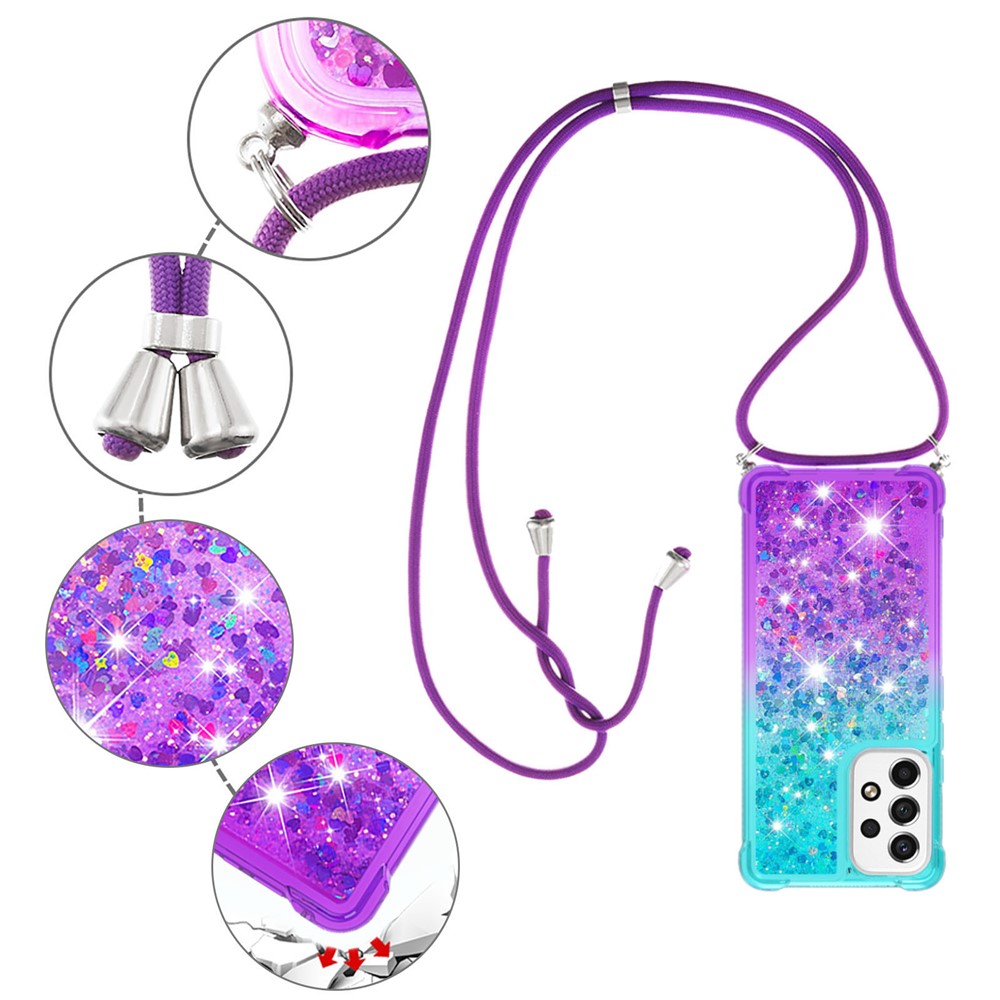 LE3-1 Series Gradient Glittering Sequins Quicksand Non-Yellowing Edging TPU Cover Shell with Adjustable Long Lanyard for Samsung Galaxy A53 5G - Sky Blue/Purple-5