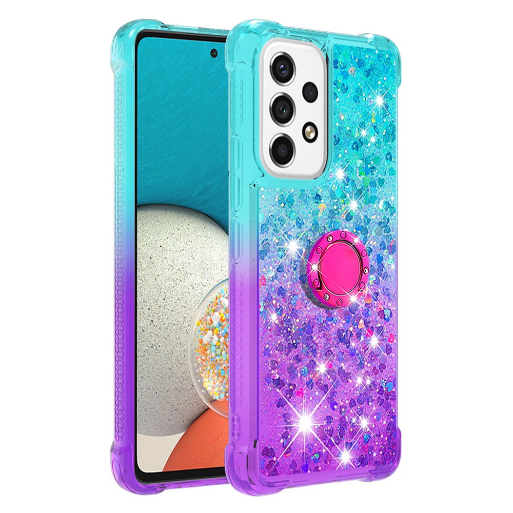 LE3-2 Series Dynamic Quicksand Kickstand TPU Cover Shell Glittering Sequins Quicksand Anti-Scratch Phone Protective Case for Samsung Galaxy A53 5G - Sky Blue/Purple-1