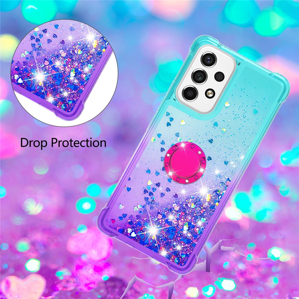 LE3-2 Series Dynamic Quicksand Kickstand TPU Cover Shell Glittering Sequins Quicksand Anti-Scratch Phone Protective Case for Samsung Galaxy A53 5G - Sky Blue/Purple-4