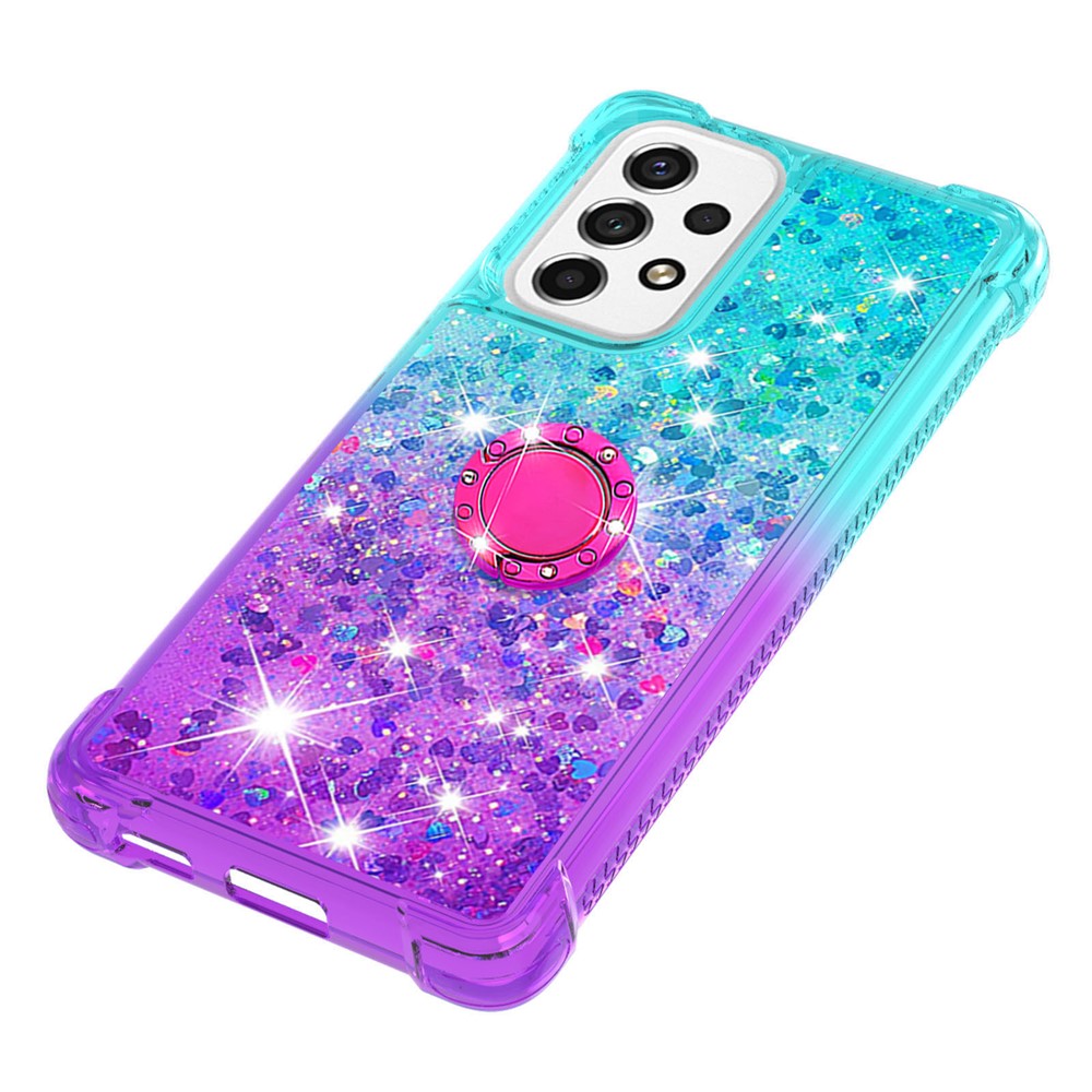 LE3-2 Series Dynamic Quicksand Kickstand TPU Cover Shell Glittering Sequins Quicksand Anti-Scratch Phone Protective Case for Samsung Galaxy A53 5G - Sky Blue/Purple-5