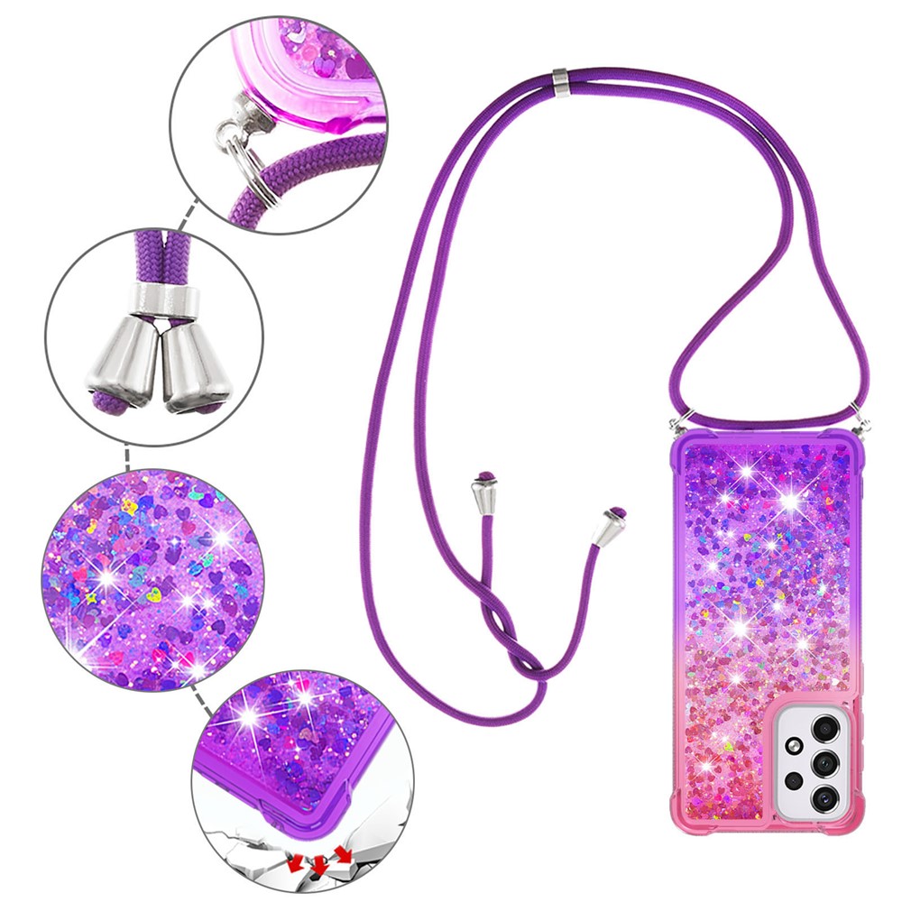 LE3-1 Series Gradient Glittering Sequins Quicksand TPU Cover Shell with Long Lanyard for Samsung Galaxy A33 5G - Pink/Purple-5
