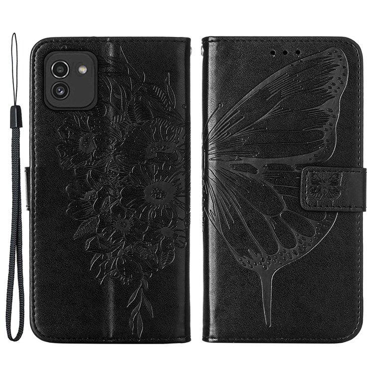 PB1 Series Shockproof Phone Case Butterfly Flower Pattern Imprinted PU Leather Protective Cover with Wallet for Samsung Galaxy A03 (166.5 x 75.98 x 9.14mm) - Black-1