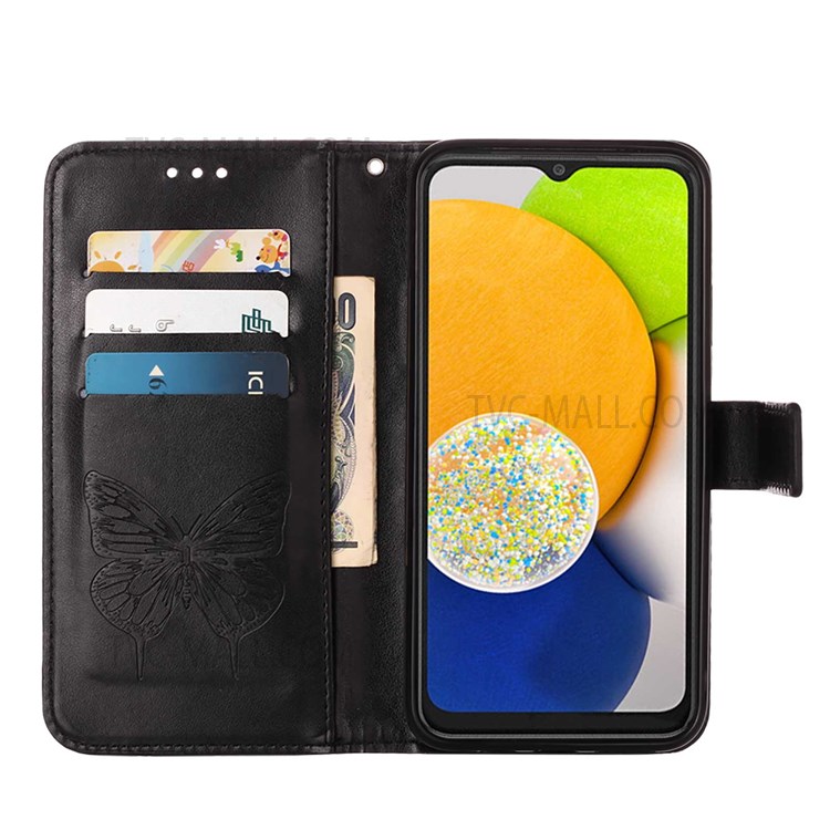 PB1 Series Shockproof Phone Case Butterfly Flower Pattern Imprinted PU Leather Protective Cover with Wallet for Samsung Galaxy A03 (166.5 x 75.98 x 9.14mm) - Black-4
