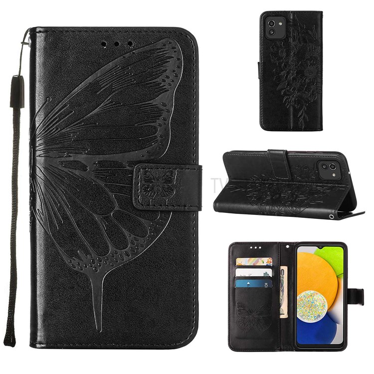 PB1 Series Shockproof Phone Case Butterfly Flower Pattern Imprinted PU Leather Protective Cover with Wallet for Samsung Galaxy A03 (166.5 x 75.98 x 9.14mm) - Black-6