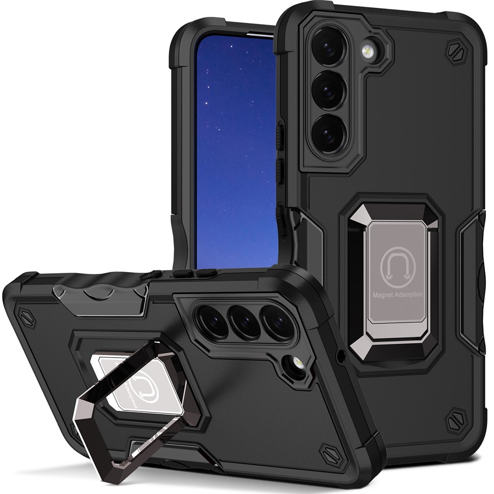 Dual-Layer Soft Flexible TPU Hard PC Cover Anti-Slip Protective Phone Case with Ring Car Mount Kickstand for Samsung Galaxy S22 5G - Black-1