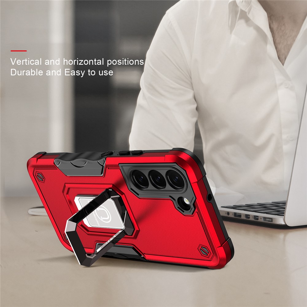 Dual-Layer Soft Flexible TPU Hard PC Cover Anti-Slip Protective Phone Case with Ring Car Mount Kickstand for Samsung Galaxy S22 5G - Black-4